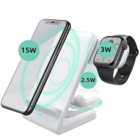 Oem 3 in 1 electric watch earphone smartphone wireless desktop charging station portable 15w fast wireless phone charger stand