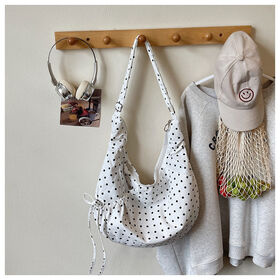Polka Dot Hobo Crossbody Bag Large Capacity Drawstring Nylon Shoulder Handbag Adjustable Strap Casual Commute Tote Bag
