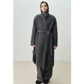 OEM ODM Custom Women Collarless Fluffy Suri Alpaca Wrap Long Coat Belted Oversized Wrap Long Coat Fuzzy Thermal Winter Overcoat