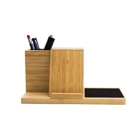 Bamboo 4 in 1 Multifunction Desk Organizer with Wireless Charger and Warmer Pen Holder
