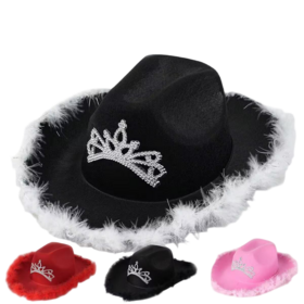Wholesale White Light Up Cowgirl Hat Fluffy Cowboy Hat with Crown Details for Holiday