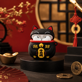 3 D Cute Black Fortune Cat Airpods Case, Wealth Lucky Cat Silicone Protective Cover, Shockproof Earphone Shell with Key chain