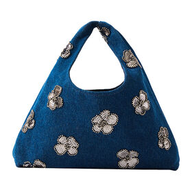 Custom Women Small Denim Tote Bag With Sequin Flower Embroidery Fabric Handbag Single Shoulder Bag For Daily Shopping