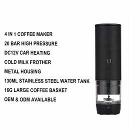 Machine à Café Espresso Portable 4 en 1 OEM ODM avec Mousseur à Lait Froid, Cafetière Métallique 20 Bar DC12V pour Voiture, Compatible avec