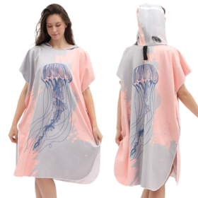 Ready Ship Quick Dry Printed Microfiber Suede Adult Surf Robe Poncho Summer Hooded Beach Towel for Adult