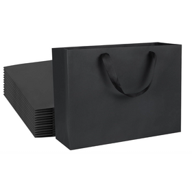 Kraft Gift Bags - Extra Large Size, Black Paper Shopping Bags with Ribbon Handles - Wedding, Party, Retail - 16x6x12 Inches