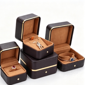 Luxury Coffee Leather Jewelry Box Set Gold Metal Trim Camel Suede Ring Pendant Bracelet Watch Pillow Case for Boutique Window Show