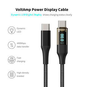 240W Digital Display USB C to USB C Fast Charging Cable LED Voltage Current Power Display Braided Charger Cable