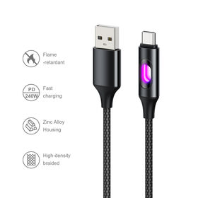 PD 240W RGB Glowing USB A to USB C Cable 480Mbps Data Transfer LED Light Braided Fast Charging Cable For Gaming Laptop Phone