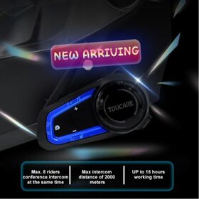 TOUCARE V10 Helmet Intercom Headset 8-Rider Mesh 1200M Range IP67 BT 5.3 DSP CVC Noise Cancelling Touring