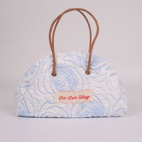 On Our Way Light Blue Rose Quilted Dome Handbag, Soft Padded Mini Tote Bag with Faux Leather Handles