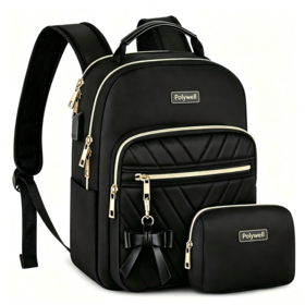 Waterproof Mini Backpack with USB Port Fits 12.9" Laptop, Multi-Pocket Organizer, Detachable Bow, Bonus Pouch for Women