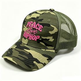 Wholesale Custom Puff Embroidery logo Camouflage Printing Snapback Hat Color Blocking 6 Panel Cotton Mech Camo Trucker Hats