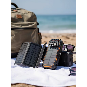 Batterie Externe Solaire Certifiée 30000mAh Charge Sans Fil Type-C USB Portable d'Extérieur avec Câble Intégré et Lampe de Poche