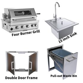 Stainless Steel 4 Burner Built-In Grill Sink Waste Bin Kitchen
