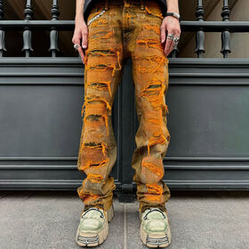 High Waist Distressed Straight Jeans Vintage Dark Yellow Wash Denim