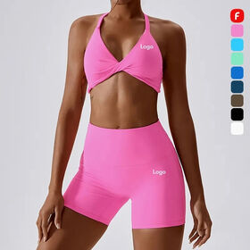 2026 New Summer Sexy Front Twist Yoga Set for Women Hot Pink Sports Bra Shorts & Gym Leggings Waterproof Plus Size Workout Gear