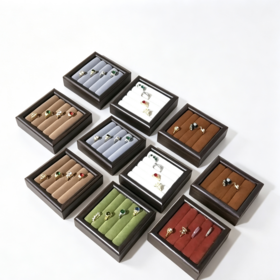 Handmade Eco Friendly Wood Frame Velvet Ring Showcase Tray, 5 Compartment Ring Storage Tray for Retail Jewelry Shop