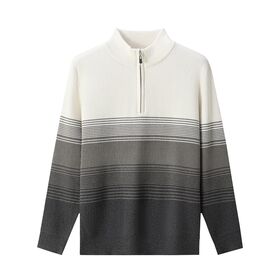 Men's Gradient Rib Knit Sweater Quarter Zip Mock Neck Thin Horizontal Stripe Long Sleeve Business Casual Winter Pullover