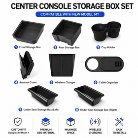 Flocked Interior Storage Organizer Set for Tesla Model Y Juniper Center Console Tray Cup Holder Wireless Charging Pad