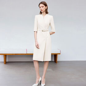 Wholesale Solid Color Straight Midi Dress V Neck Three Quarter Sleeve Formal Office Dress