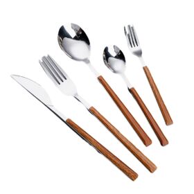 2026 Trending Portable 304 Stainless Steel Wood Grain Handle Premium Luxury Steak Dinner Dessert Cutlery Set