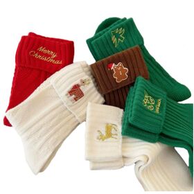 New Festive Premium Couple Unisex Solid Color Chunky Stripe Embroidered Ins Style Casual Trendy Cotton Socks
