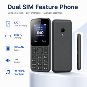 Dual SIM Feature Phone with Type C Charging, 1.77 Inch TFT Display, 800mAh Battery, FM Radio MP3 Flashlight for Elderly