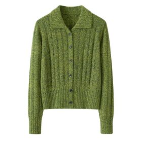 OEM ODM Custom Women Heather Green Turn Down Collar Vertical Rib Single Matching Button Cropped Knit Cardigan