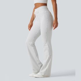 High Waisted Drawstring Stripe Flare Yoga Pants with Pockets-4-Way Stretch, Floor Length, Flat Waist for Women