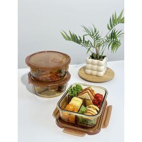Amber Divided Glass Food Storage Container, 2-compartment 640ml/1040ml & 3-compartment 1040ml, Leakproof Microwave Safe Glass Meal