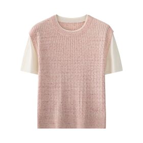 OEM ODM Custom Women Heather Pink Fake Two-Piece Vertical Cable Wool Linen Blend Knit Short Sleeve Top Knit Jumper