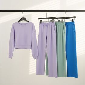 Women crew neck cropped sweatshirt straight leg sweatpants two piece sets