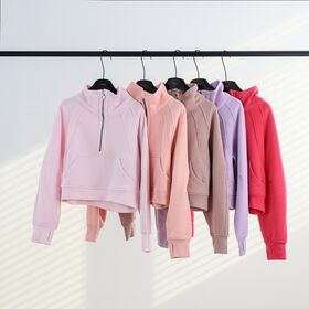 Damen Pullover Sweatshirt mit halbem Reißverschluss, hohem Kragen, Crop-Schnitt und Daumenlochbündchen