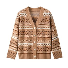 OEM ODM Custom Women Caramel Fair Isle Jacquard V-Neck Five-Button Pure Wool Long Sleeve Knit Cardigan