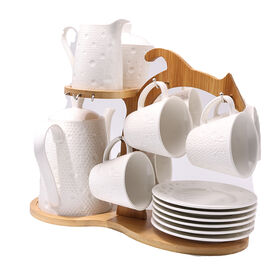 Anpassbares Keramik-Tee- und Kaffeeservice mit Teekanne, Tassen, Untertassen, Milchkännchen und Bambus-Aufbewahrungsgestell, Gesamtgröße des Sets 35*18*27cm, für Zuhause