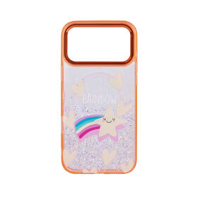 Transparent Acrylic+TPU phone case with glitter and printed design, featuring a magnetic ring for iPhone