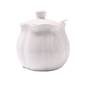 Venta al por mayor de tarro de cerámica personalizable con forma de calabaza para especias, con tapa de borde festoneado para almacenamiento de condimentos en la cocina