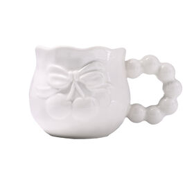 Fabricante de Xícaras de Cerâmica, Caneca de Cerâmica com Laço em Relevo e Alça de Pérola, Borda Ondulada, Caneca de Cerâmica Atacado com Logotipo Personalizado OEM