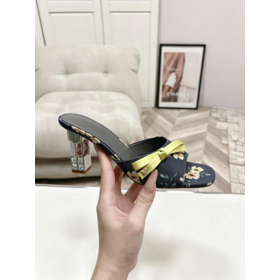 Cube Mule Sandals Women's Printed Fabric Bow Square Toe Crystal Block Heel Slide Mules 1AKJ4P