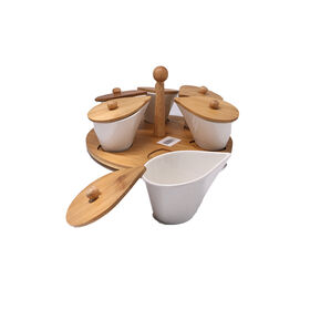 Customizable 6-compartment ceramic divided dish set with lids rotating bamboo tray snack platter wholesale