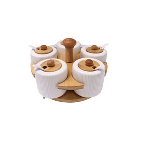 Conjunto personalizável de 5 potes de especiarias em cerâmica com base giratória de bambu, recipiente de temperos para cozinha no atacado