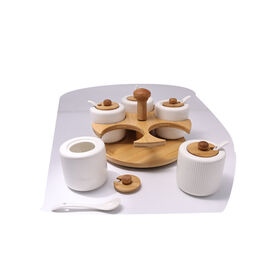 Customizable 5-piece ceramic spice jar set rotating bamboo base kitchen seasoning container wholesale