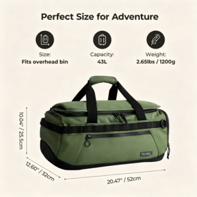 43L 3-Way Duffle Backpack with Shoe & 15.6" Laptop Compartments-12 Pockets, 40oz Bottle Holder, Water-Resistant, Reinforced Base