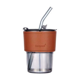 Portable Glass Tumbler with Lid and Straw Bamboo Design Glass Coffee Cup Reusable Drinking Cup for Office Home Travel