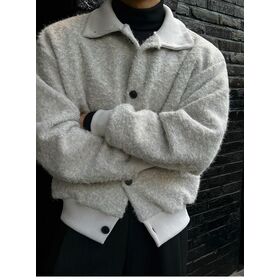 Custom Made Faux Mohair Collared sweater Men Oversize Button up Fluffy Fuzzy Knit Outerwear Cropped Coat