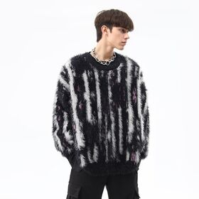 Custom Made Vertical Stripe Faux Mohair Crew Neck Sweater Fuzzy Knitted