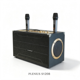 مكبر صوت كاريوكي محمول PLENIUS 80 واط RMS خشبي بلوتوث S1208، ميكروفون لاسلكي مزدوج، مكبر صوت صوتي للحفلات الخارجية