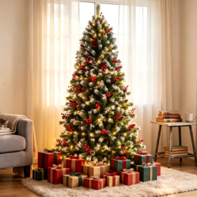 Wholesale Snow Flocked Christmas Tree, Artificial Pine Tree with Red Berry Pinecone Ornaments for Home Commercial Xmas Decor OEM