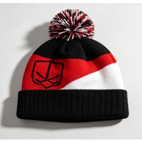 Color Block Pom Pom Knit Beanie, Striped Cuffed Winter Skull Cap, Ice Hockey Pattern Sport Fan Beanie, Warm Outdoor Knitted Hat